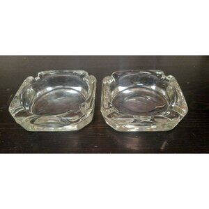 Set Of 2 Vintage Heavy Glass Square Ashtrays With Notched Edges
